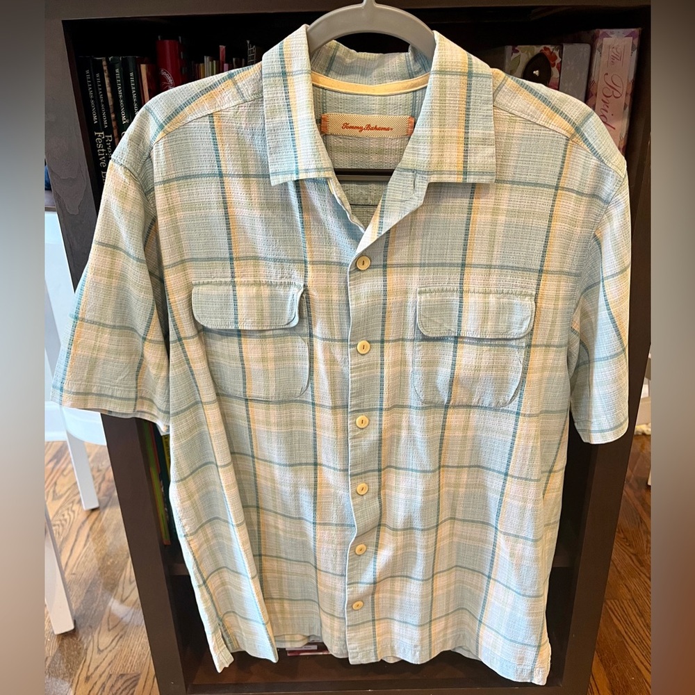 Tommy Bahama 100% Silk Light Blue Plaid Check Camp Collar Flap Pocket Shirt